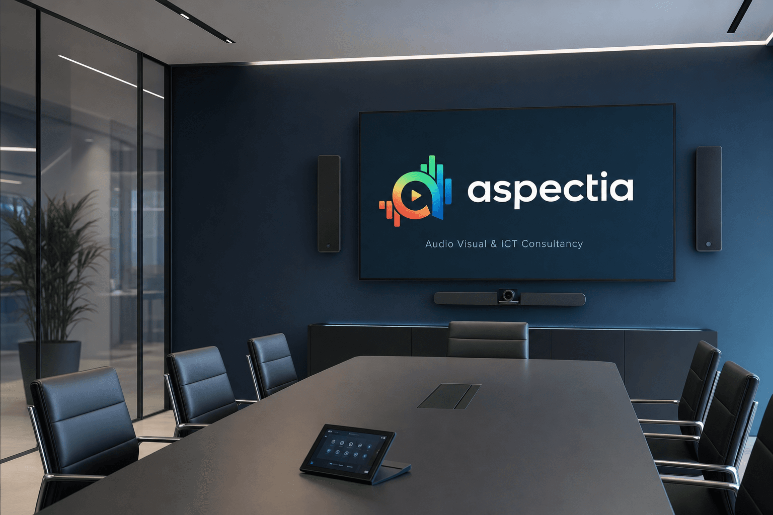Modern professional boardroom with digital screens and AV technology, clean corporate interior