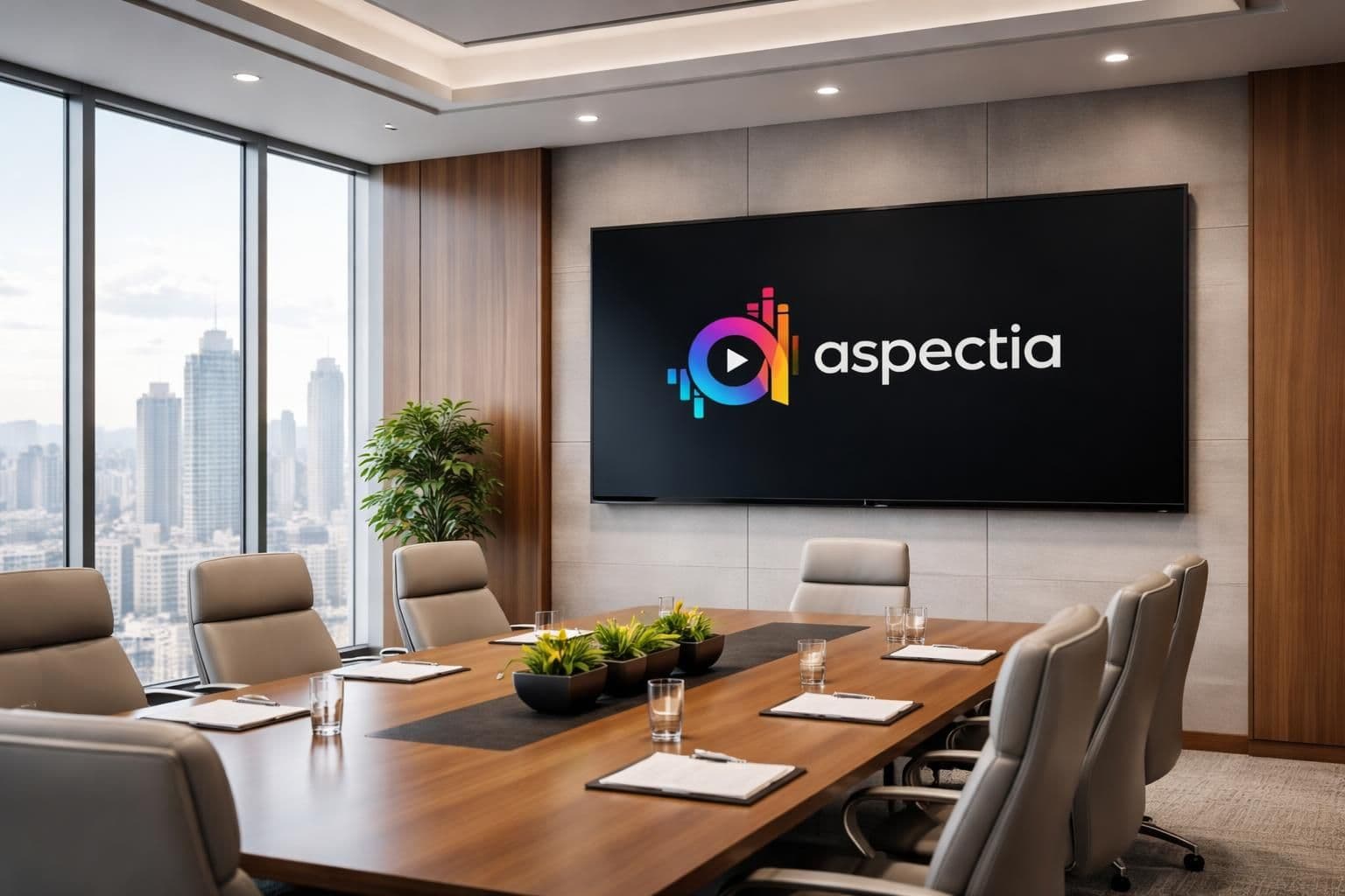 Modern boardroom featuring the Aspectia logo on a large screen with city skyline views.